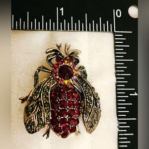 Red Crystal Bee Brooch with Green Wing Accents